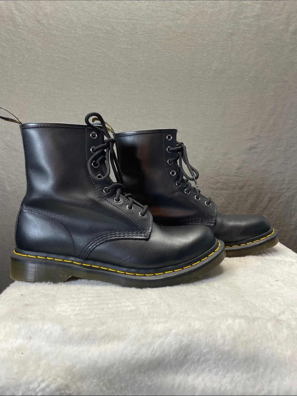 Dr. Martens‎ 11821 Black Leather 8-Eye Lace-Up Boots with Yellow Stitching